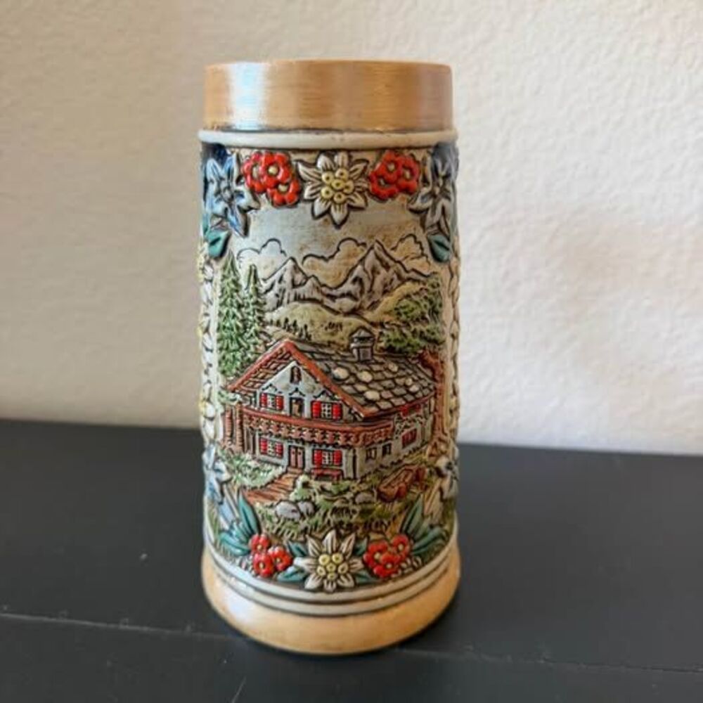 Vintage Ceramarte Brazil Beer Mug Stein Hand Painted Alpine Hiker Maiden 1970s